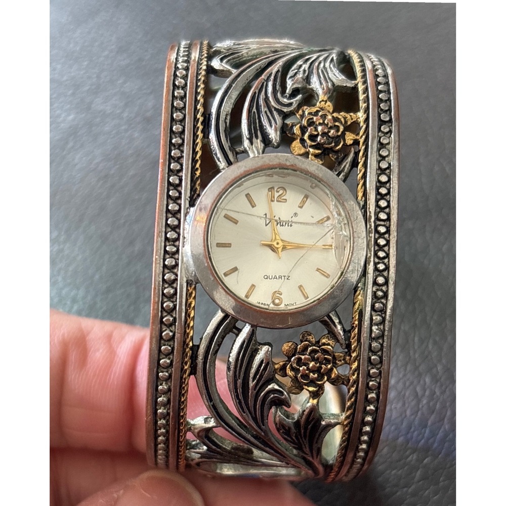 Vivani Mixed Metal Cuff Watch Ornate Floral Filigree Silver Gold Copper Tone - Picture 5 of 5